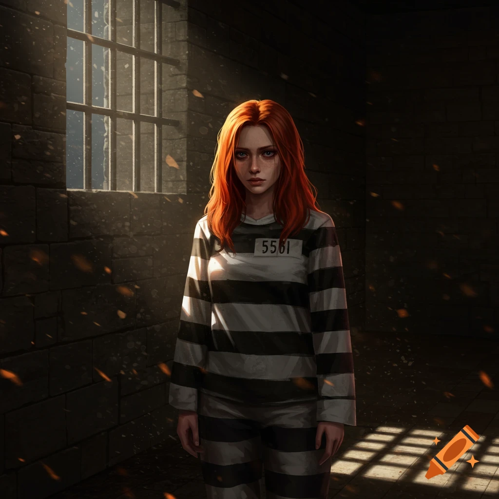 A red-haired woman in a striped prison uniform stands in a dimly lit cell with a barred window, in a fantasy art style.