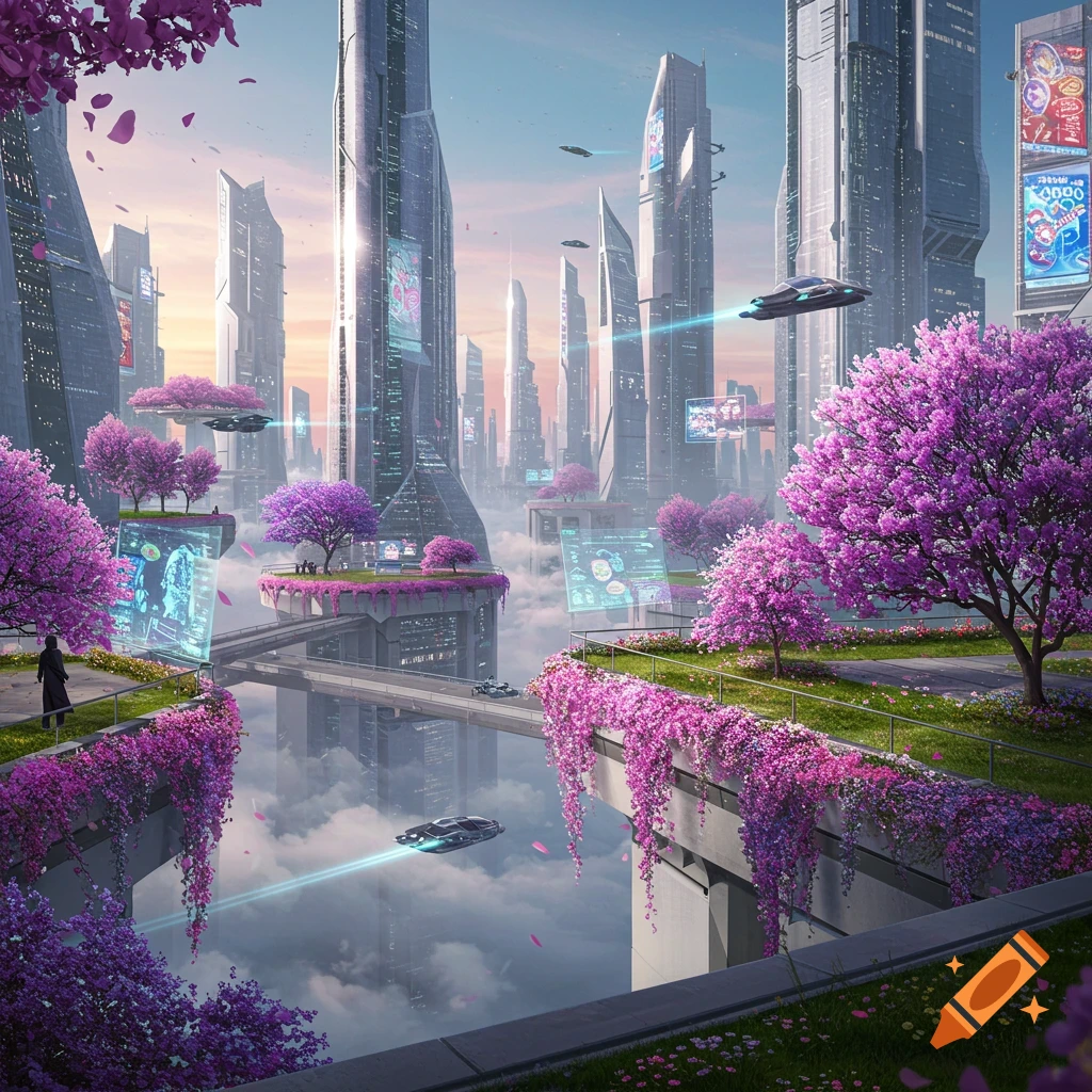 A vibrant futuristic city with sleek skyscrapers, flying vehicles, and bridges spanning over clouds, adorned with abundant purple cherry blossoms.