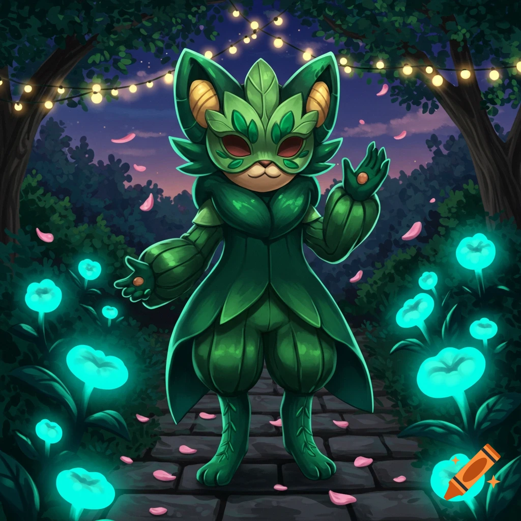 A cartoon cat-like character in a green leaf costume and mask stands on a path in a glowing forest at night.