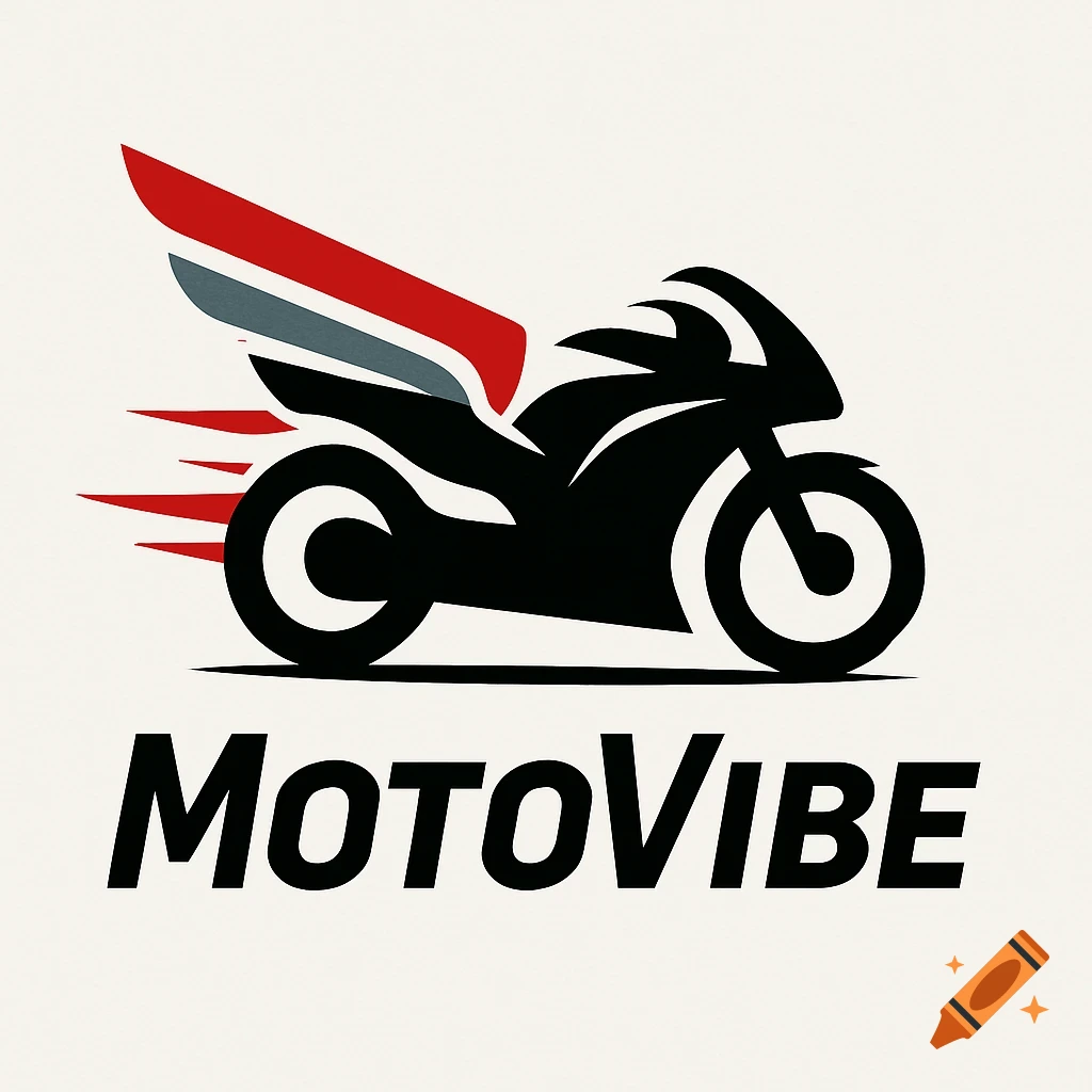 A black motorcycle silhouette with red and gray wings and speed lines, with the text 'MotoVibe' below, on a light background. Vector style logo.