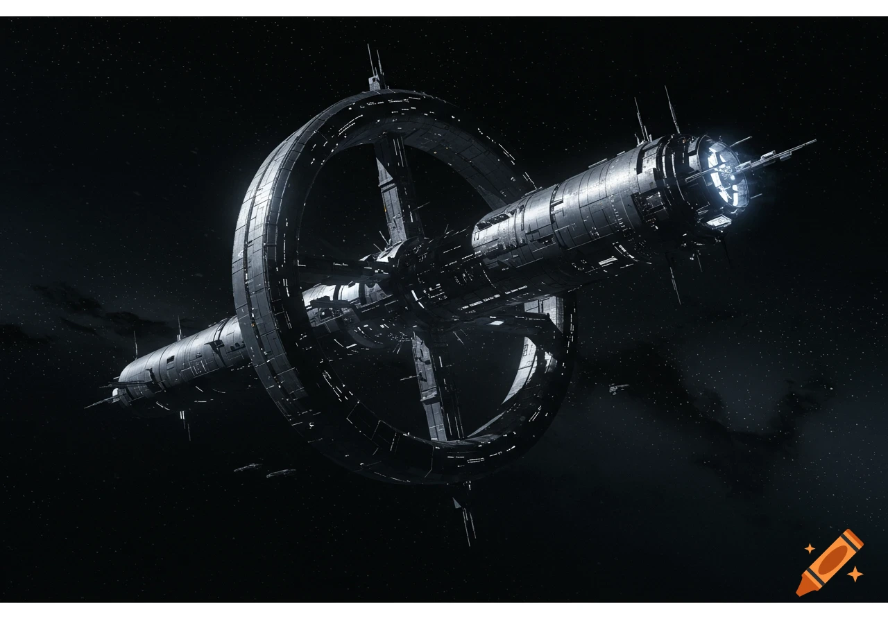 A massive, cylindrical space station with a large ring structure glows in the vast, starry expanse of deep space.