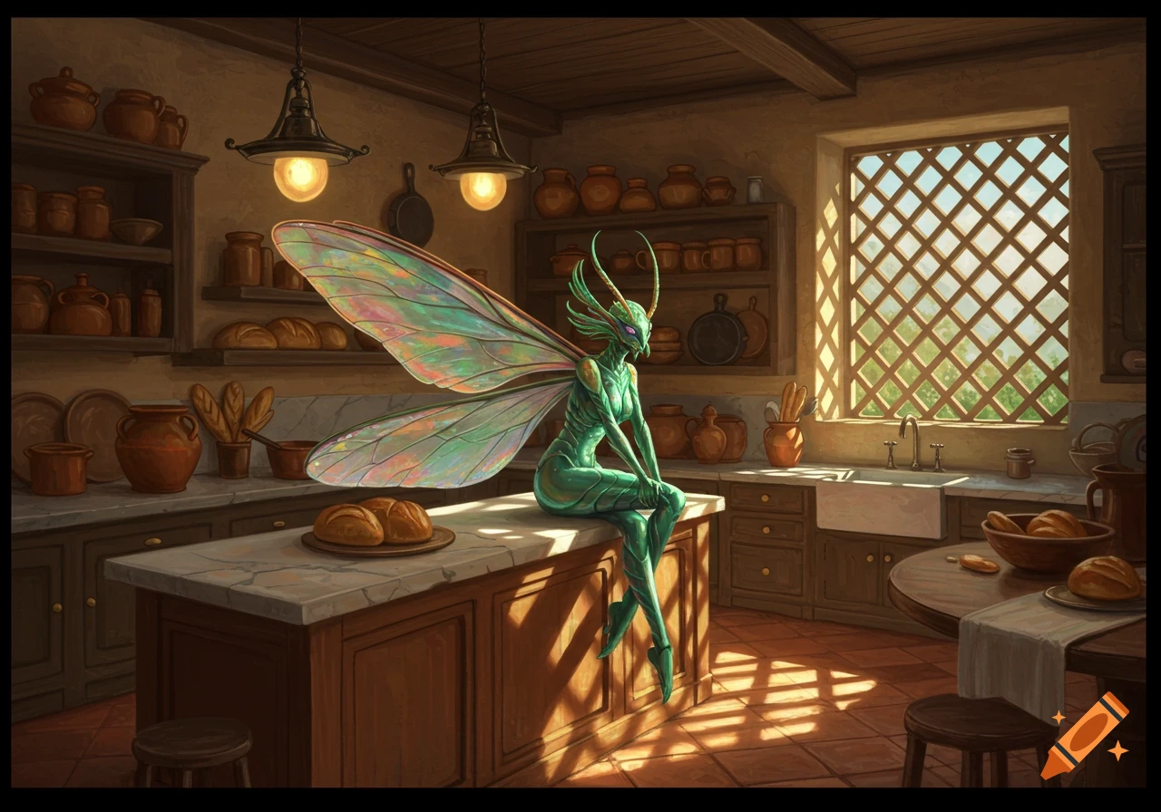 A green, mantis-like fairy with iridescent wings sits on a marble kitchen island in a rustic, sunlit kitchen.