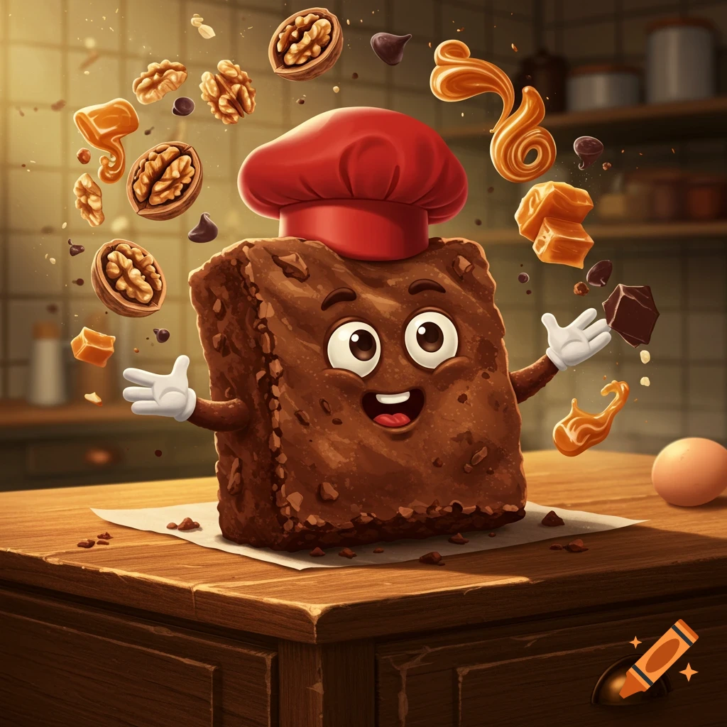 A cheerful cartoon brownie mascot wearing a chef hat, surrounded by walnuts, chocolate chips, and caramel, in a kitchen.