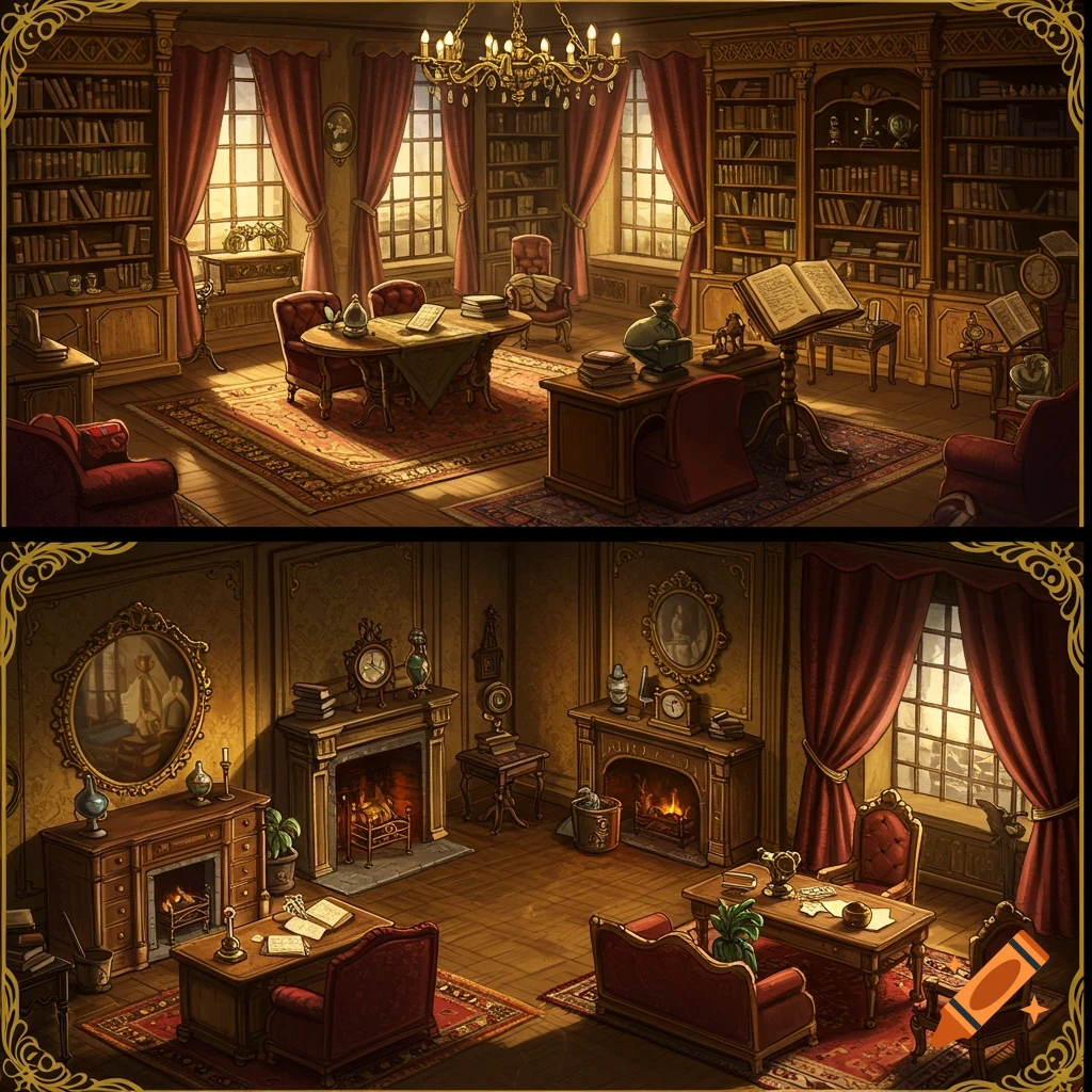 A split image showing two antique-style library rooms with warm lighting. Each room is filled with wooden bookshelves, ornate furniture, and vintage decor.