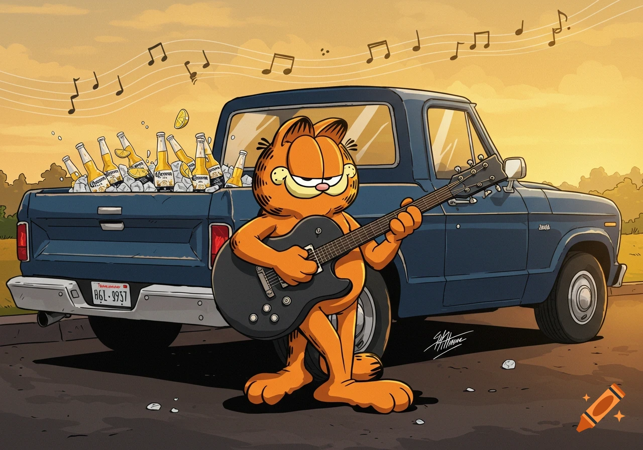 Cartoon Garfield plays a black electric guitar by a blue pickup truck with Corona beer and ice in its bed, under a sunset.