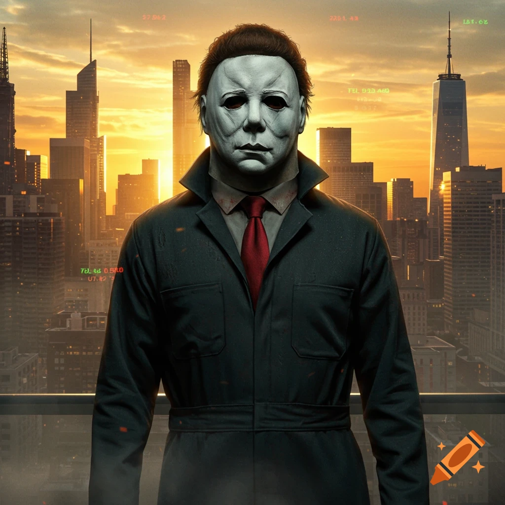 Michael Myers in a dark blue suit and red tie stands on a balcony overlooking a city skyline at sunset, with abstract data floating in the background.