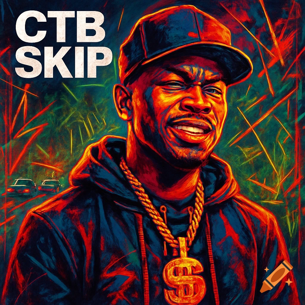 A vibrant, stylized portrait of a man in a cap, hoodie, and a dollar sign chain, with 'CTB SKIP' text.