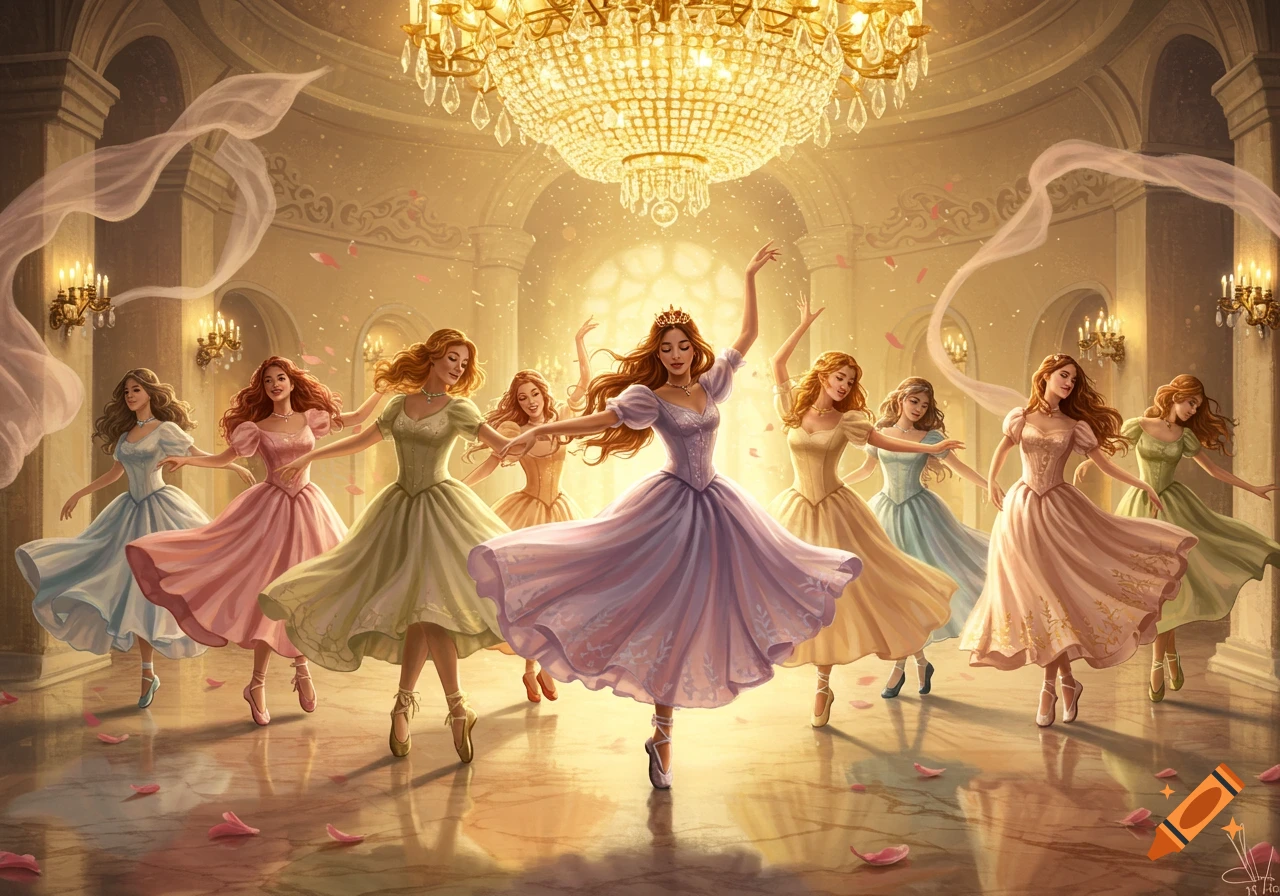 Nine princesses in flowing ballgowns dance ballet in a grand hall with a large chandelier and rose petals on the floor.