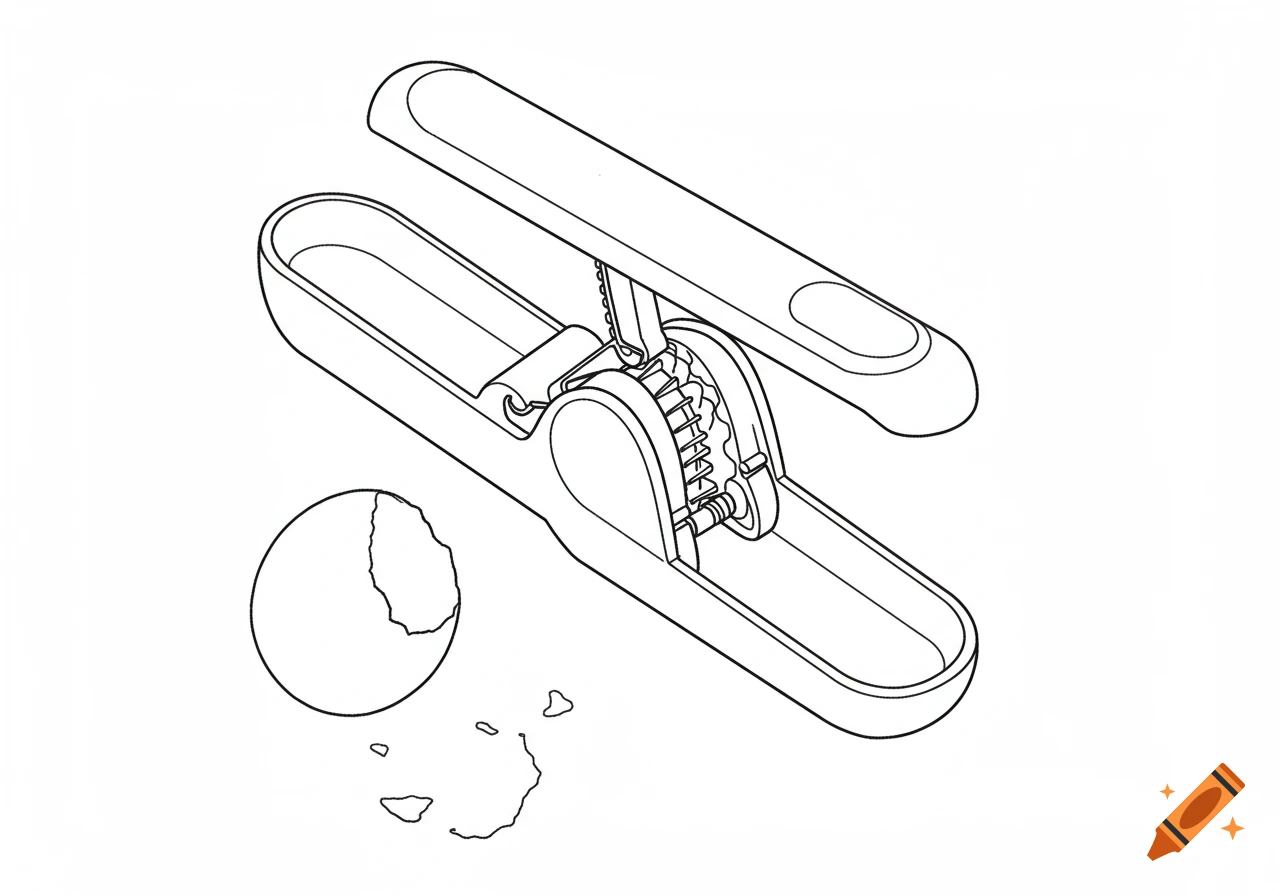 A line drawing of an open egg cracker device with a cracked egg and shell fragments next to it.