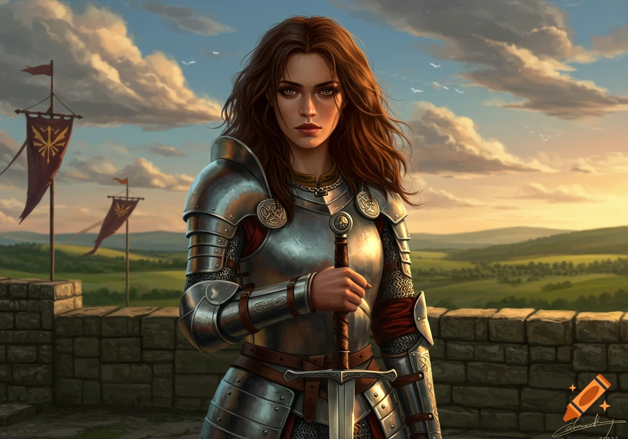 A serious female warrior in shining medieval plate and chainmail armor holds a sword on a castle wall overlooking a green landscape at sunset.