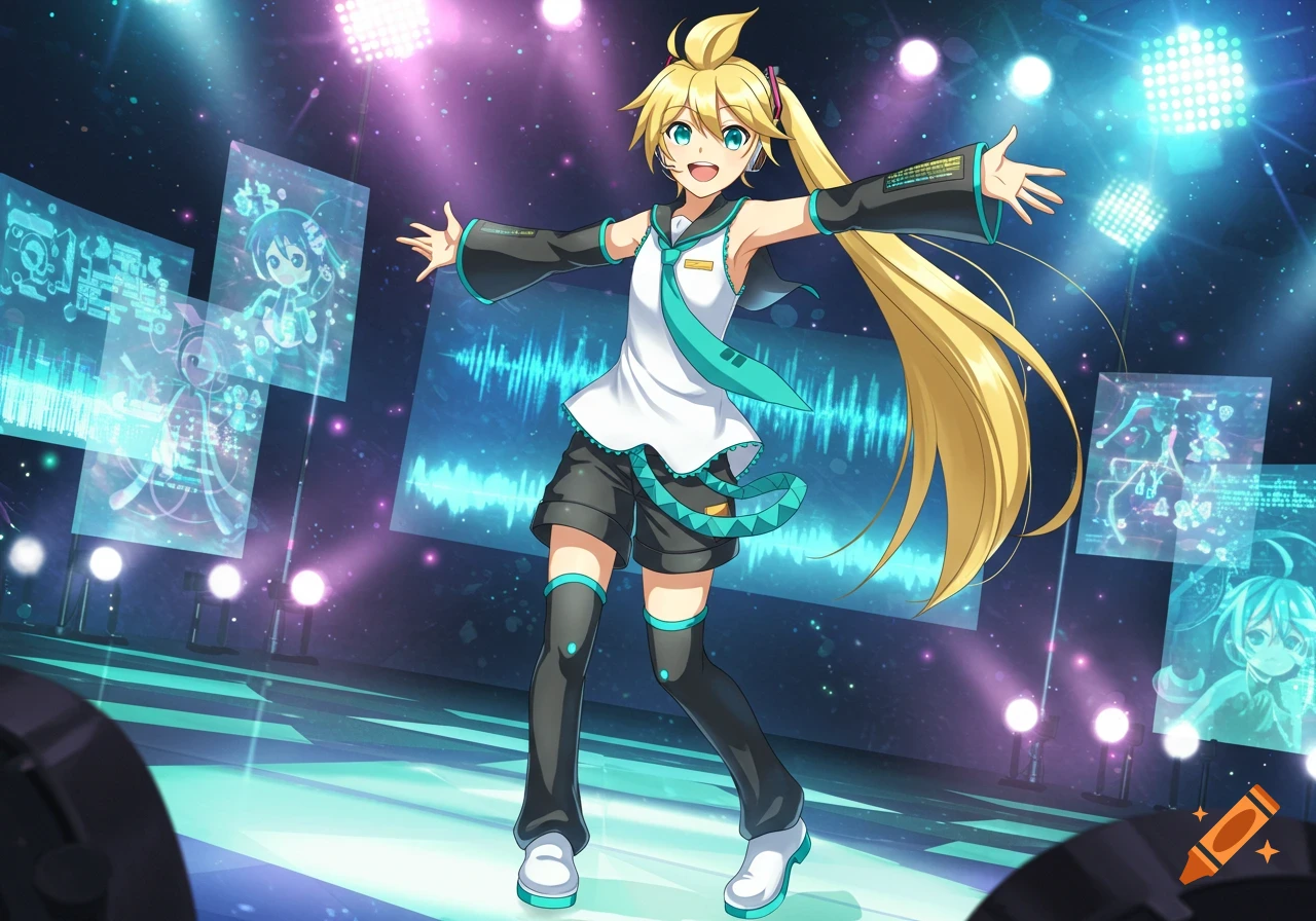 Anime-style Kagamine Len in a Miku outfit dancing on a stage with holographic screens and spotlights.