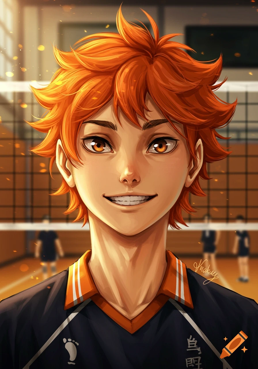 Anime portrait of Hinata Shoyo with orange spiky hair, smiling in a black and orange volleyball jersey on a court.