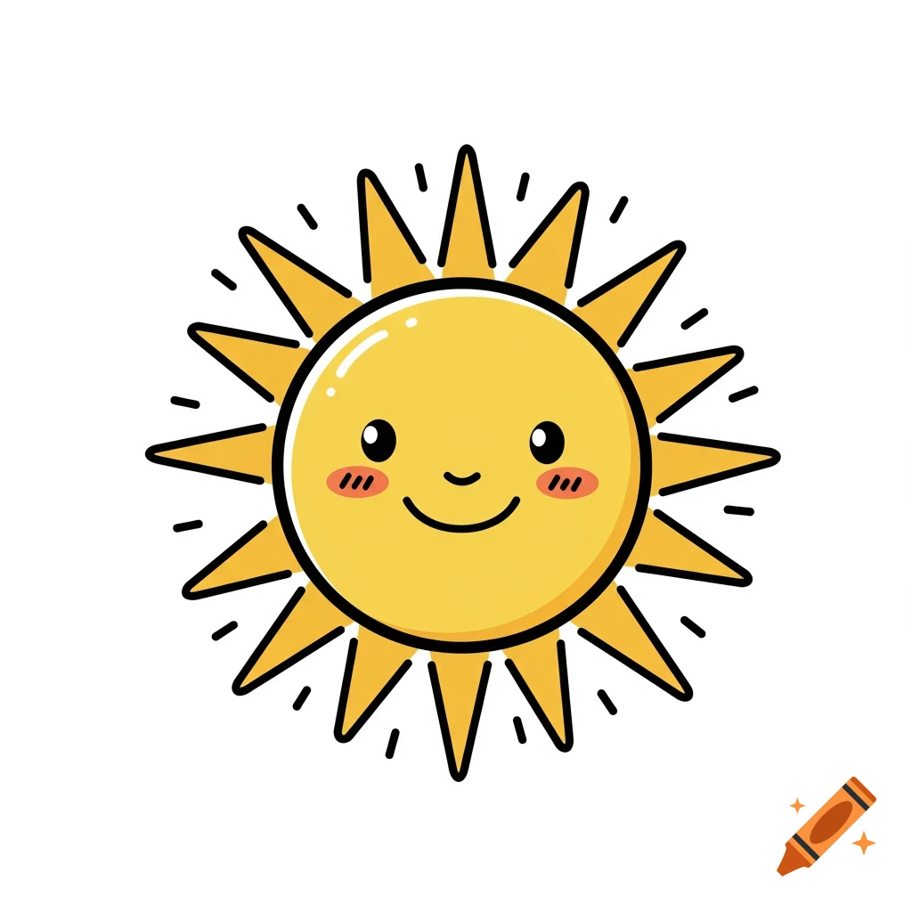 A smiling cartoon sun with yellow rays and pink blushing cheeks on a white background.