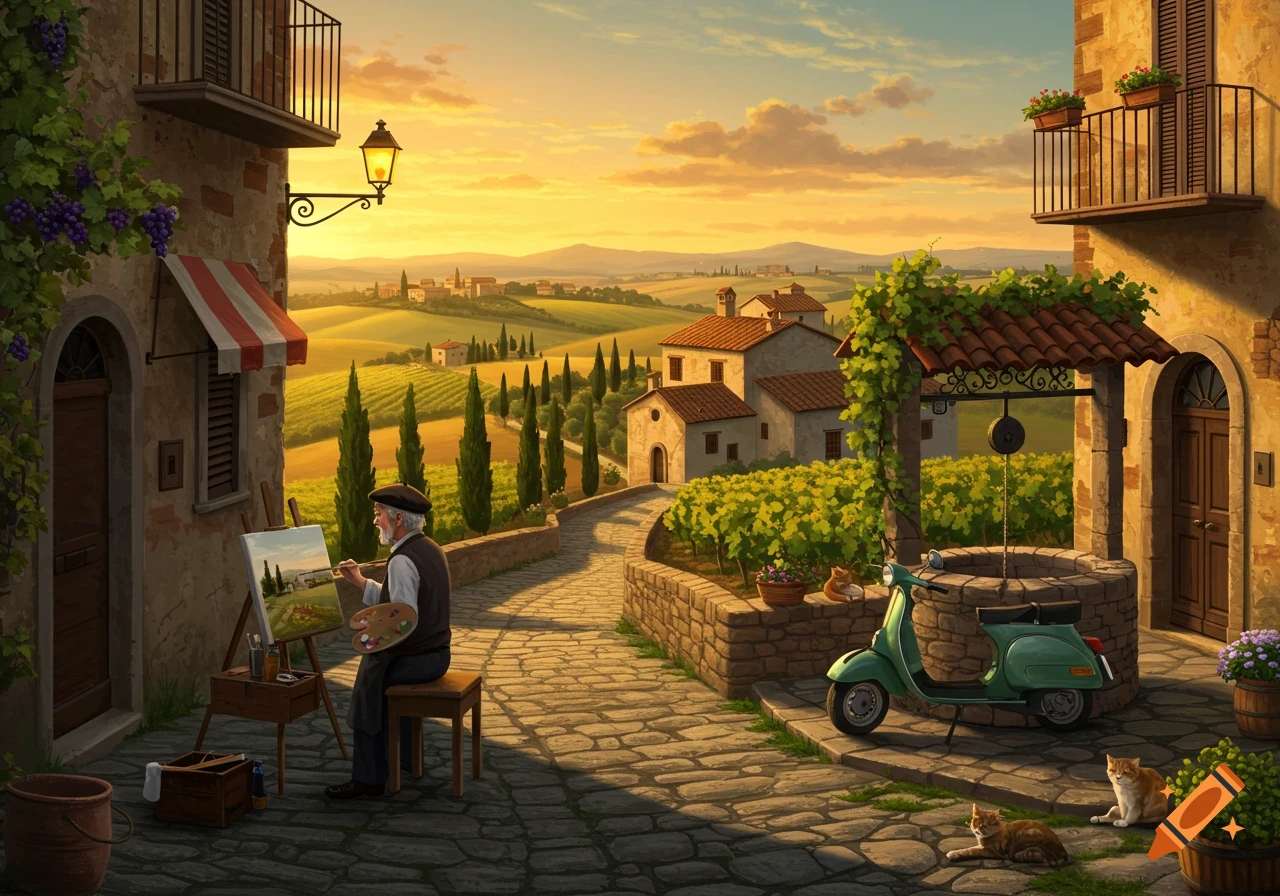 An elderly artist paints a Tuscan landscape at sunset in a quaint village street, with cats and a scooter nearby.