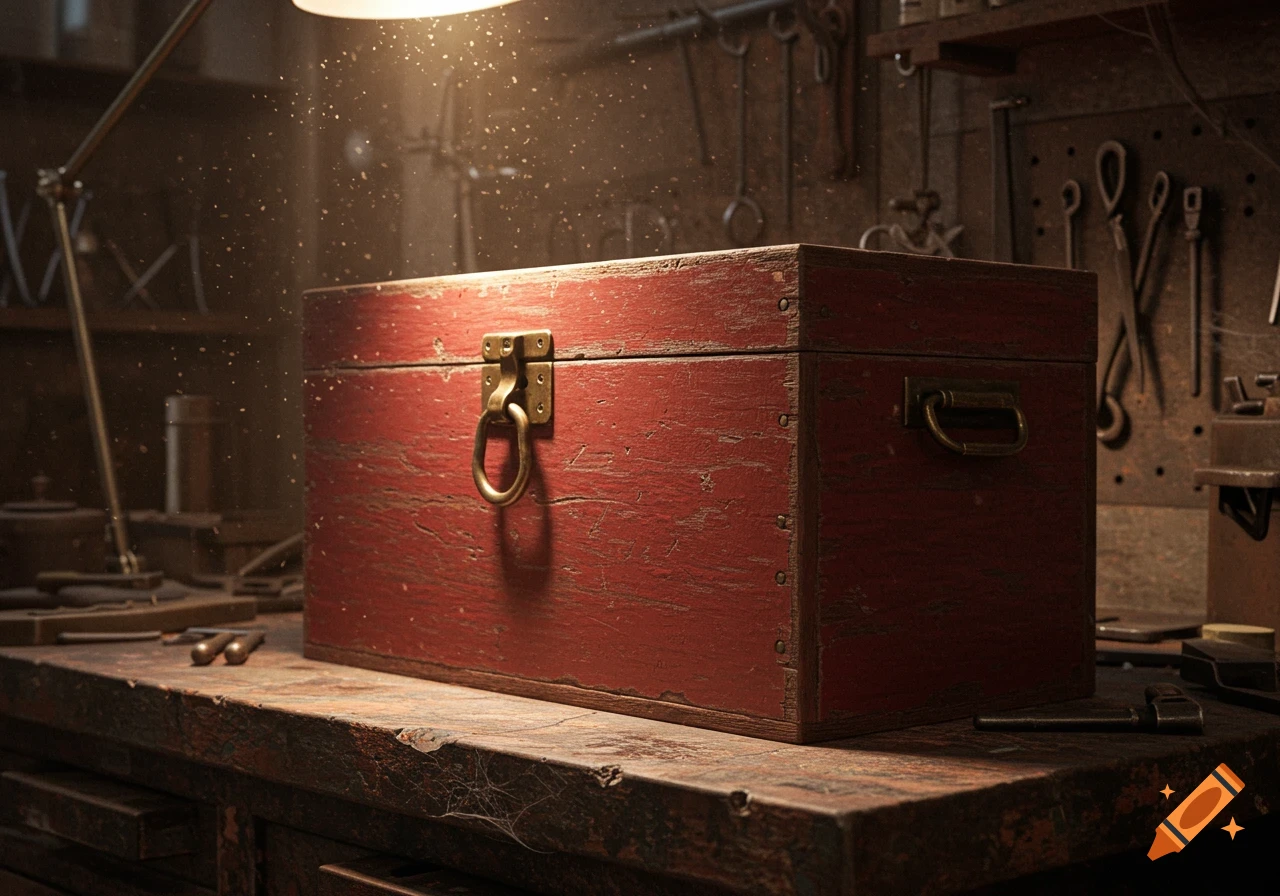 A dusty, sunlit red wooden box with a brass latch on a workbench in a cluttered workshop.