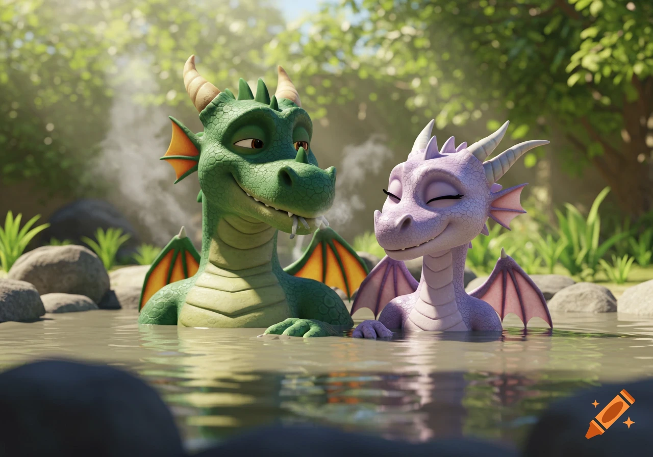 A happy green male cartoon dragon and a purple female cartoon dragon relaxing together in a steamy mud hot tub with lush green foliage.