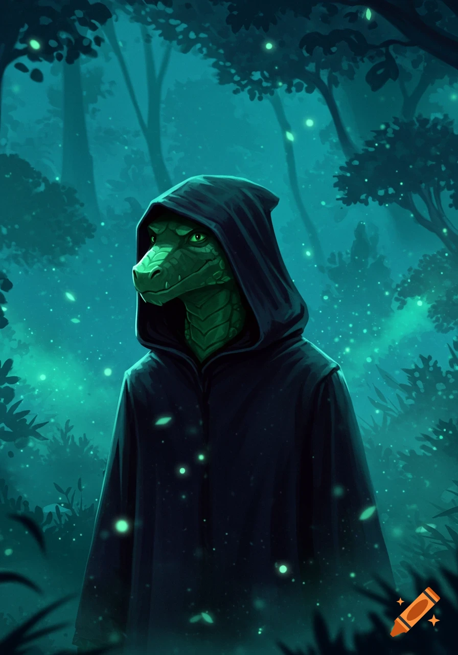 A green dragon-like figure in a dark hooded robe stands in a glowing, mystical forest, rendered in a Dreamworks-like style.