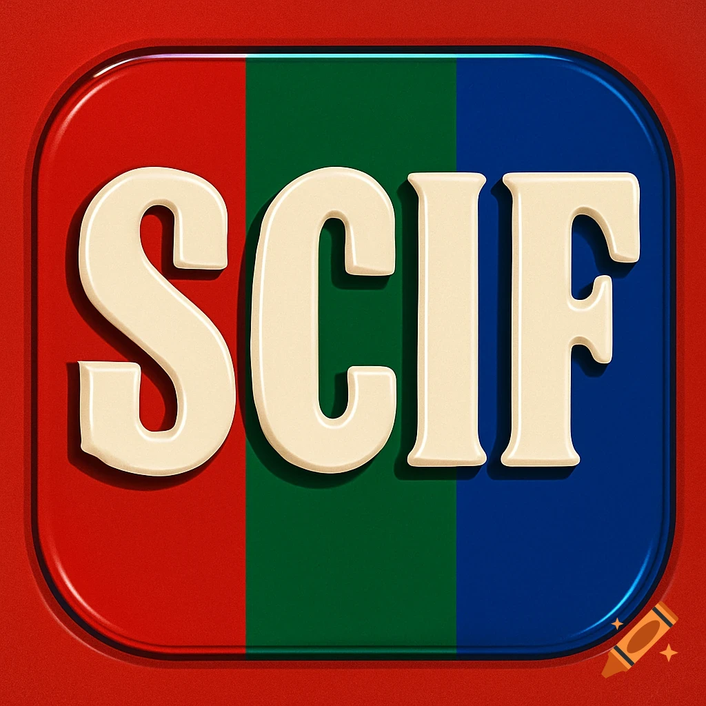 A cream-colored, embossed 'SCIF' text on a rounded square logo with red, green, and blue vertical stripes.