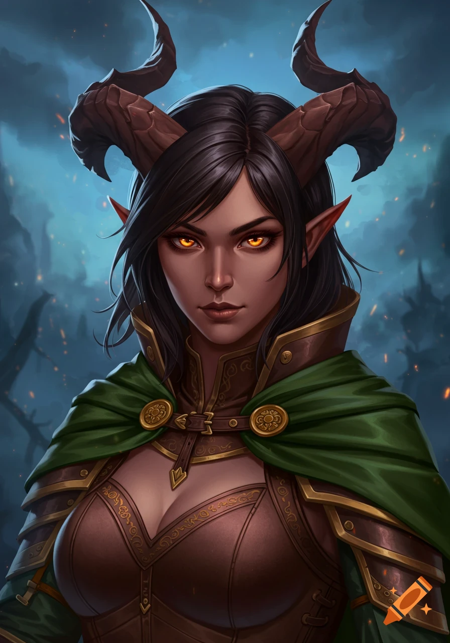 A digital painting character portrait of a brunette Tiefling woman with orange eyes, horns, brown leather armor, and a green cape.