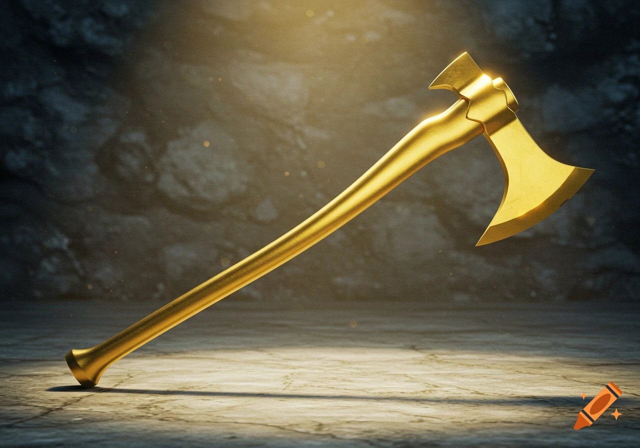 A stylized, shining golden single-bladed axe with a long handle resting on a stone surface in a dimly lit, rocky setting.