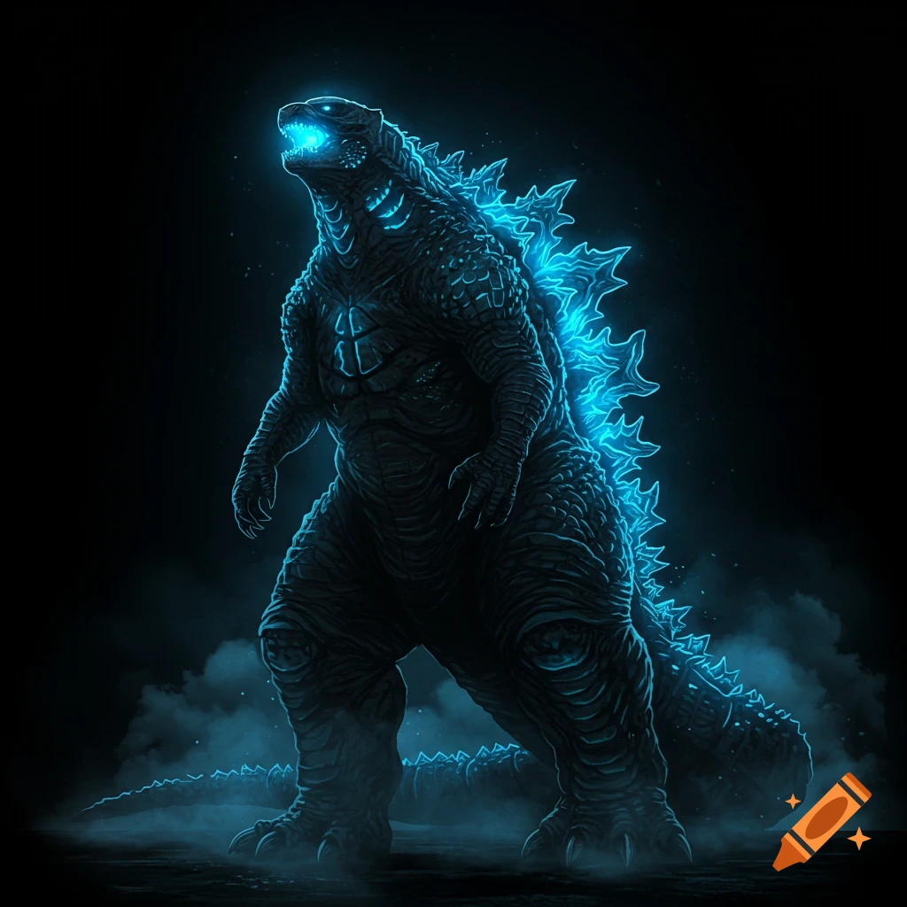 A powerful Godzilla, glowing with bright blue atomic energy from its mouth and dorsal fins, standing in a dark, smoky setting.