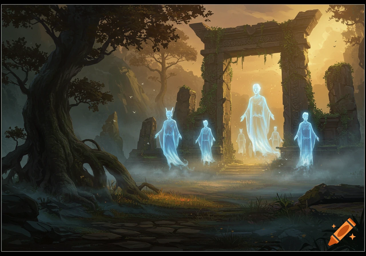 Ethereal blue ancestor spirits emerge from ancient stone ruins in a mystical forest landscape at dusk, fantasy art.