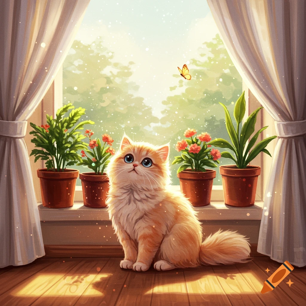 A cute fluffy orange cat with blue eyes sits by a sunlit window with potted plants, looking up at a butterfly.