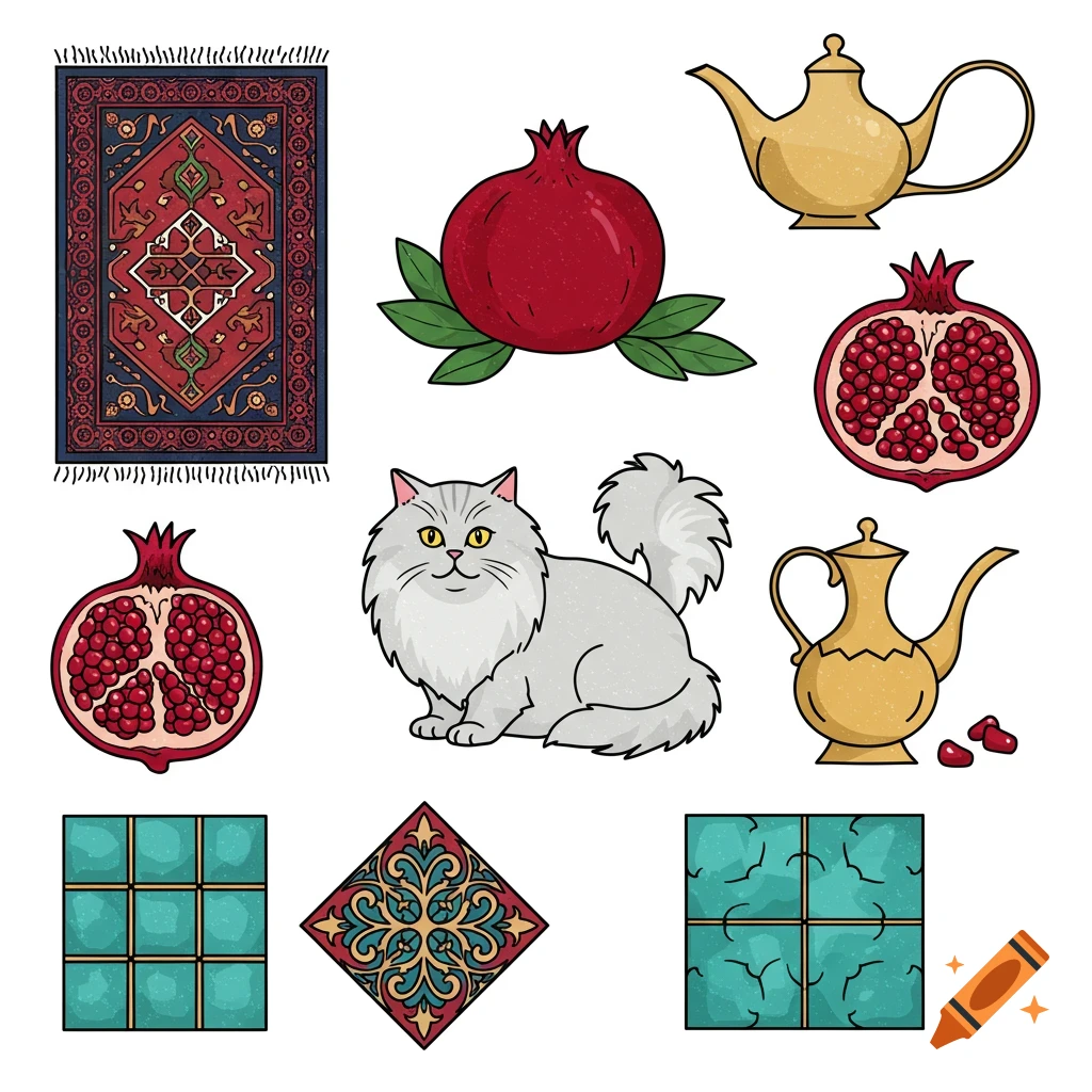 Colorful vector icons of Iranian symbols: a traditional rug, whole and cut pomegranates, two gold teapots, a fluffy gray cat, and decorative tiles.