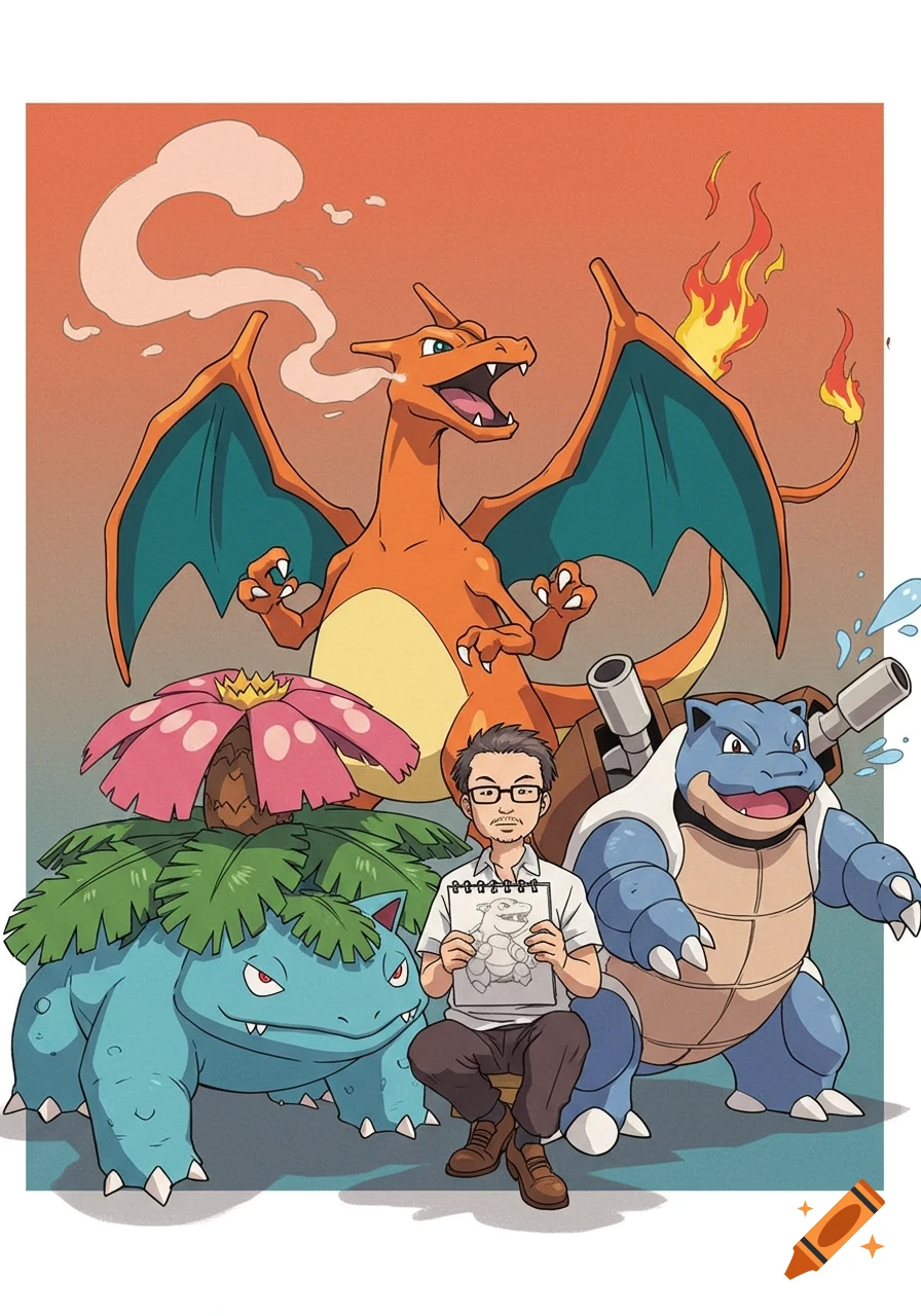 Ken Sugimori sits sketching a Pokemon, surrounded by Charizard, Venusaur, and Blastoise in an anime illustration style.