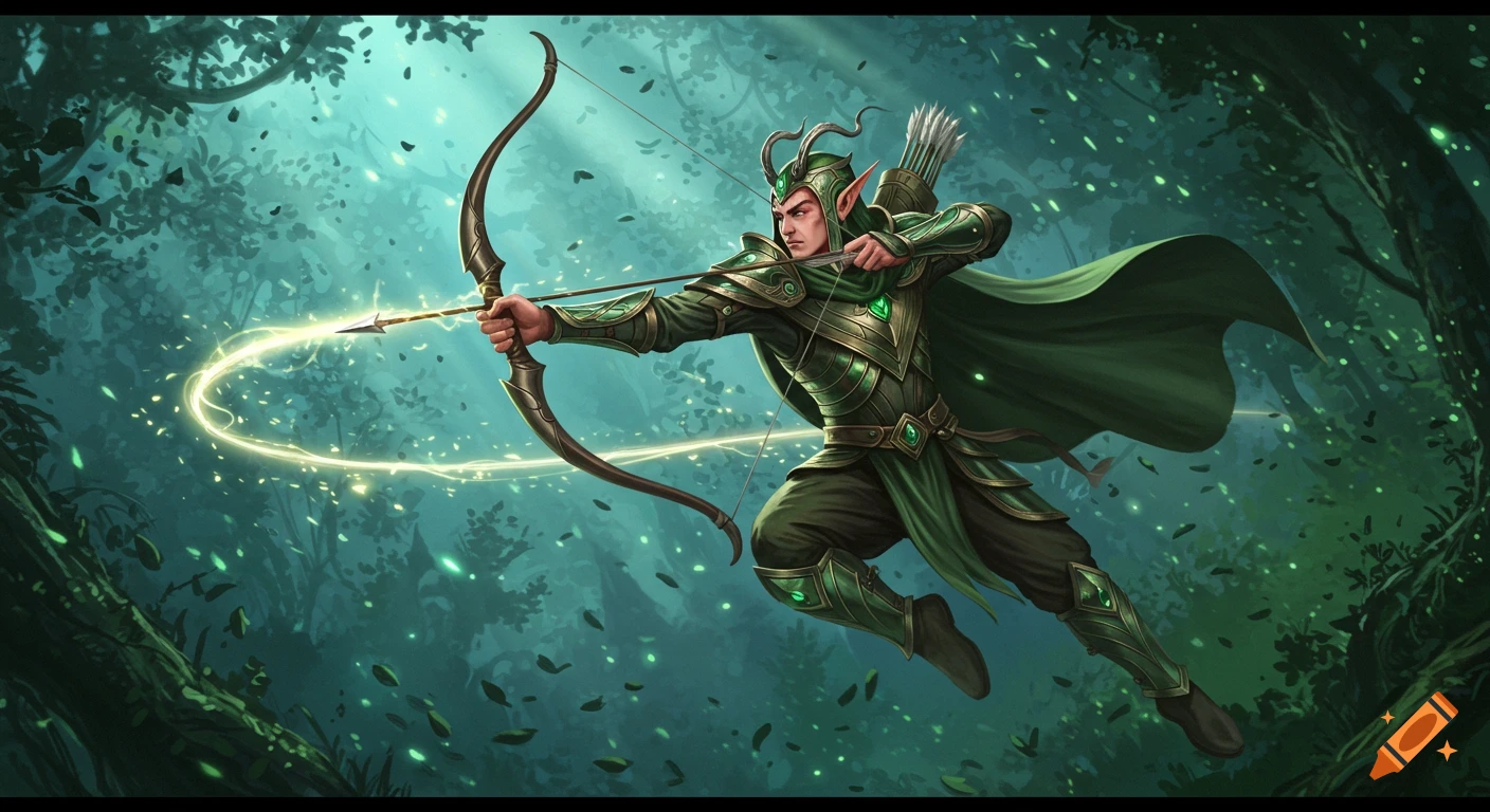 A male elf archer in green armor leaps through a magical forest, drawing his bow with a glowing arrow.