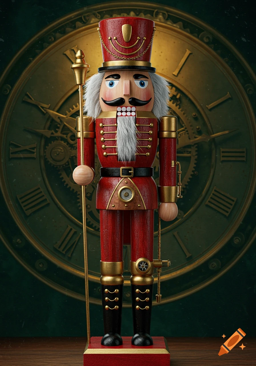 A detailed red and gold steampunk nutcracker with gears, holding a staff, against an antique clock face background.