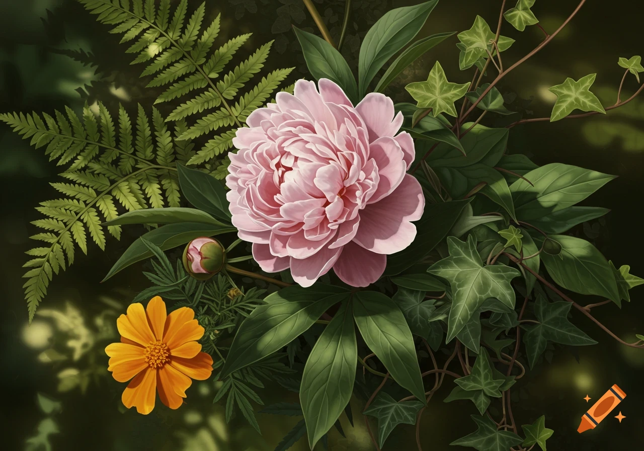 Detailed botanical illustration of a pink peony, yellow flower, ferns, and ivy against a dark background.