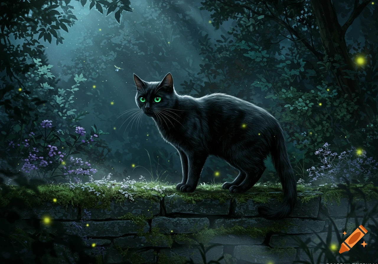 A black cat with glowing green eyes stands on a moss-covered stone wall in a dark, mystical forest with fireflies, digital illustration.
