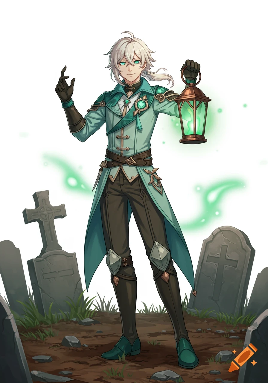 An anime-style fantasy character with pale hair and green eyes holds a glowing green lantern in a graveyard.