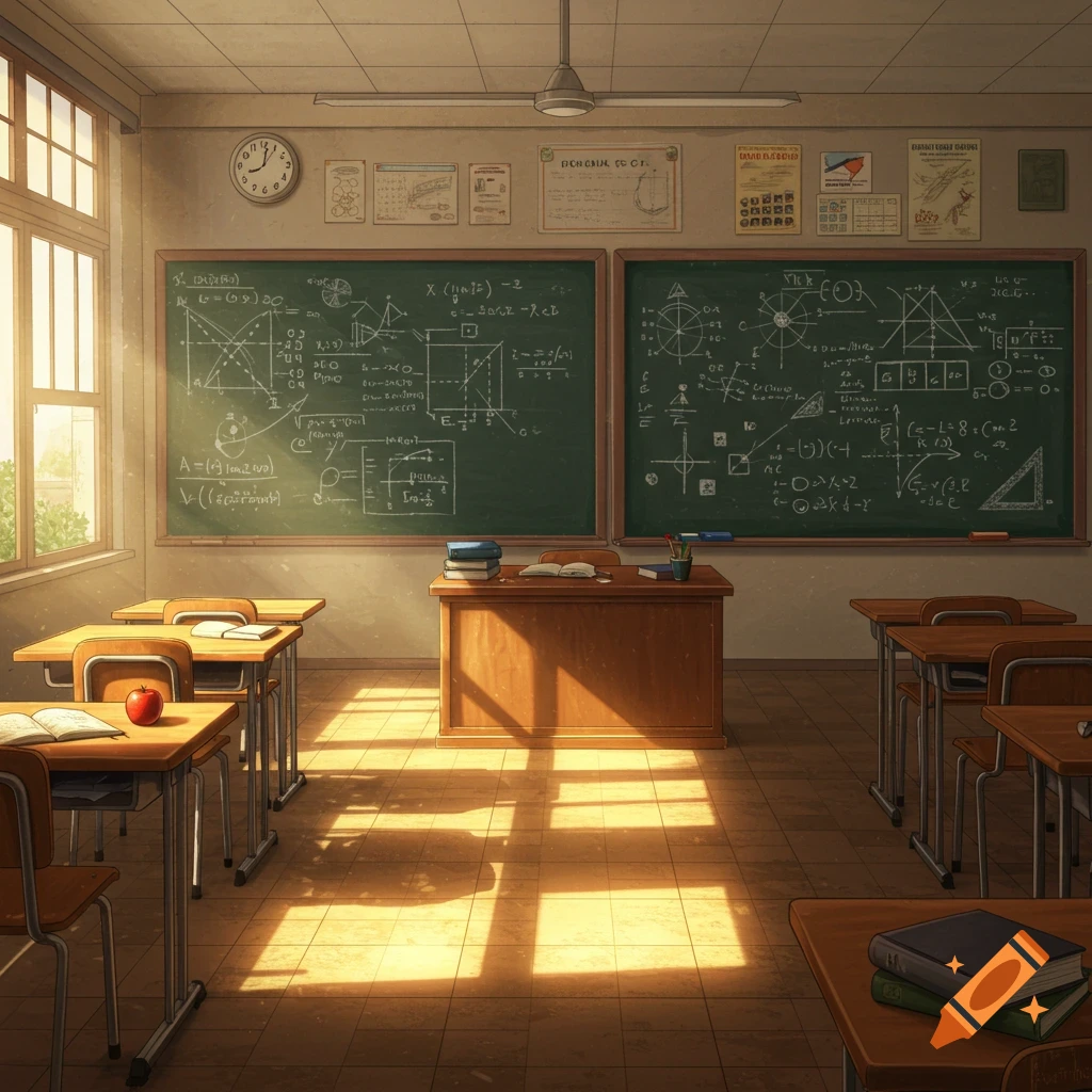 A sunlit anime-style classroom with two large blackboards covered in mathematical equations and diagrams, wooden desks, and an apple on a book.