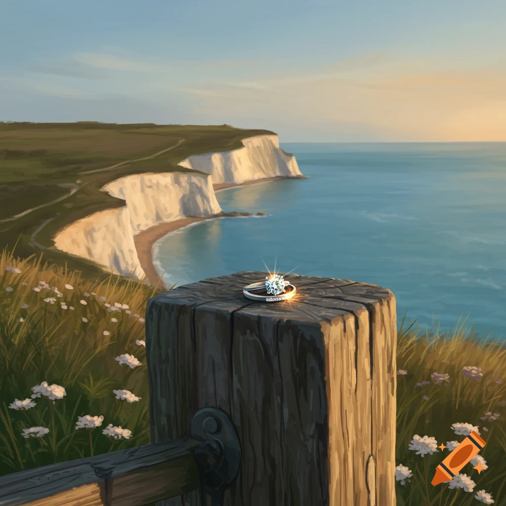 A sparkling diamond engagement ring rests on a weathered wooden post overlooking white cliffs and a blue ocean at sunset in a painterly style.