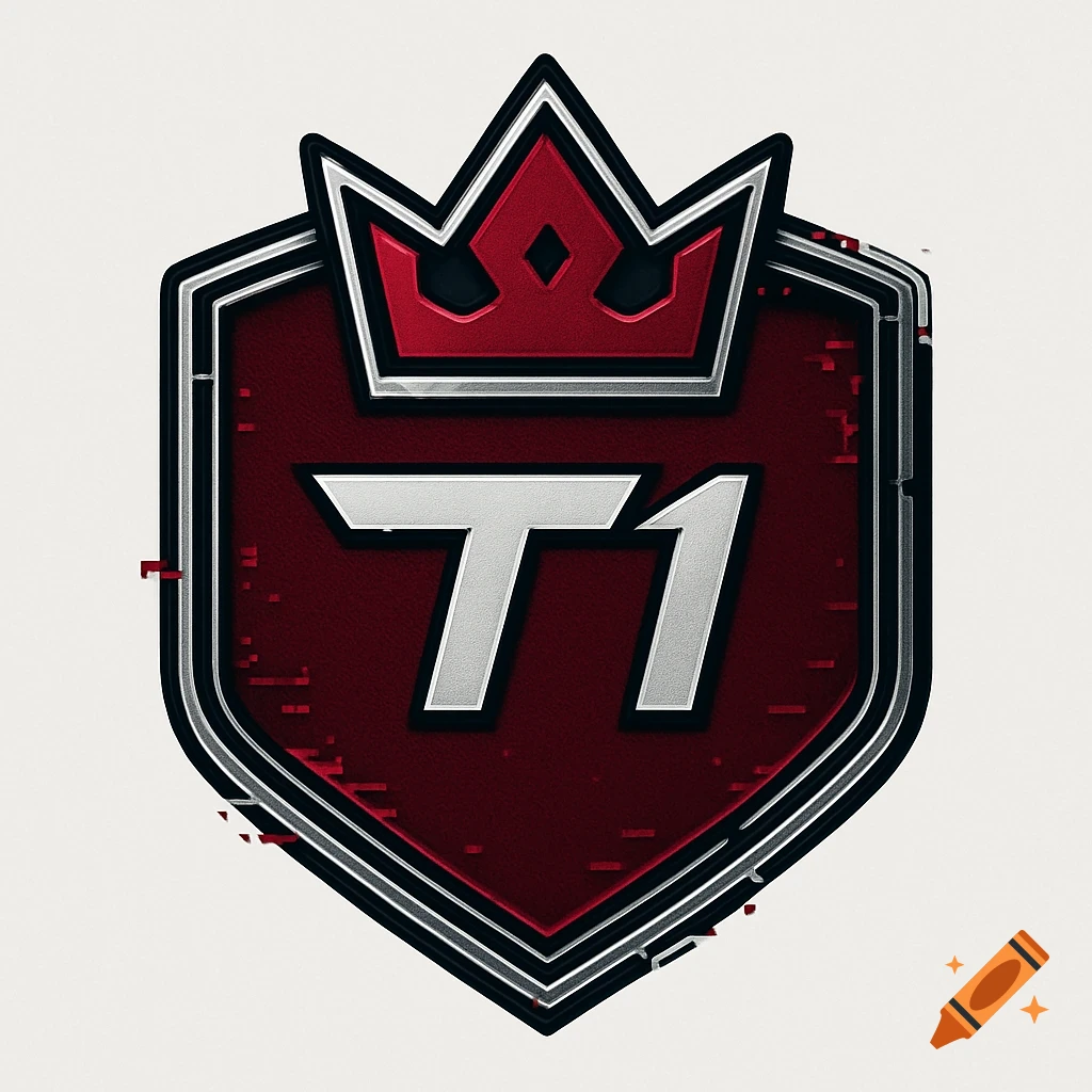 Red and silver esports shield logo with a crown on top and 'T1' in the center.
