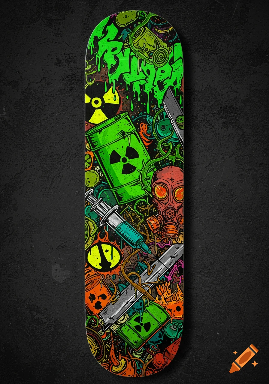 A vibrant, graffiti-style illustration on a skateboard deck, featuring toxic waste barrels, gas masks, syringes, and knives on a dark background.