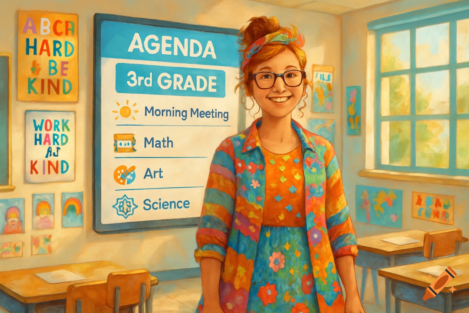 A cheerful teacher in a colorful outfit stands in a sunlit classroom with an agenda board and motivational posters, in a painted style.