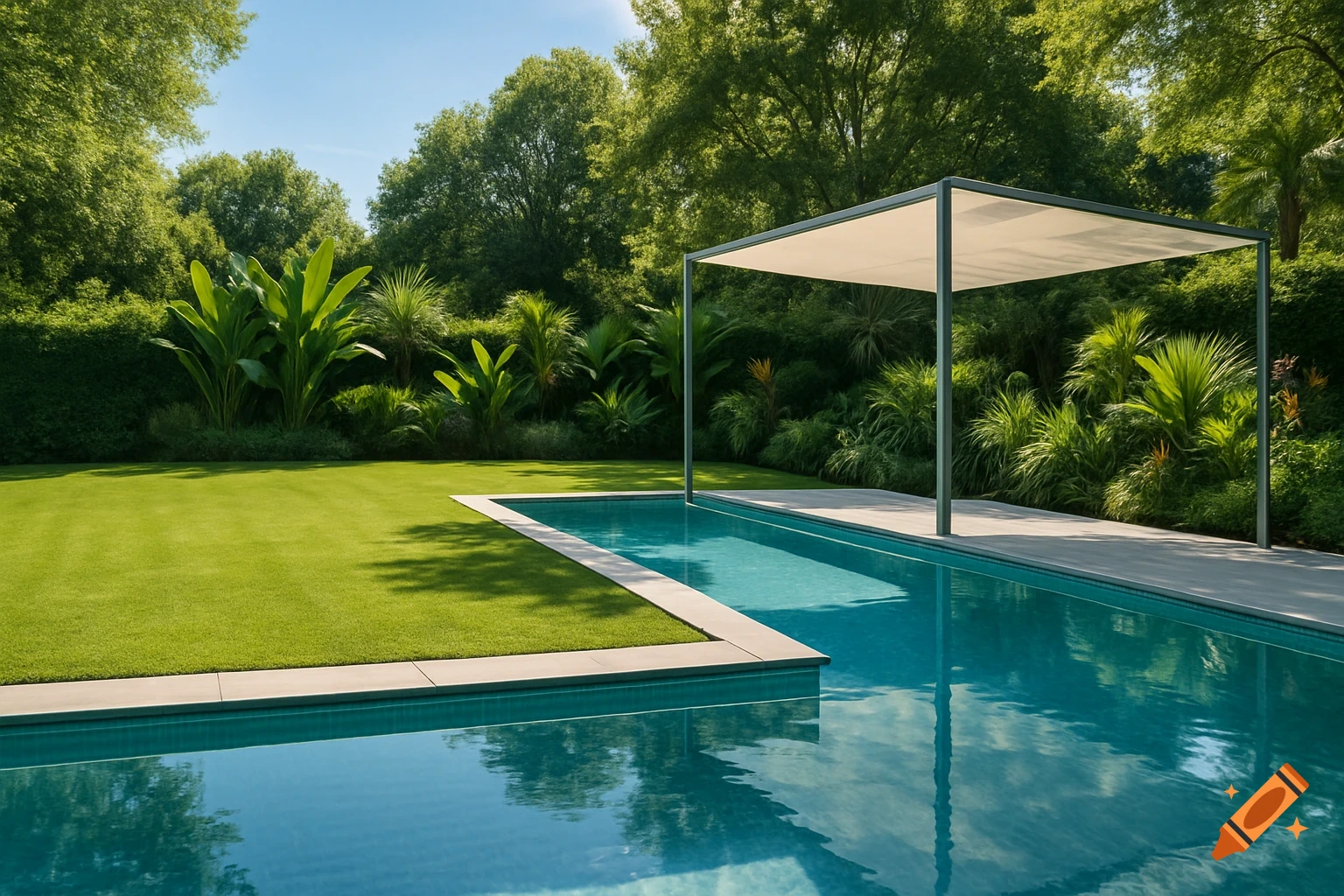 A luxurious modern garden with a turquoise swimming pool, lush green lawn, tropical plants, and a white canopy under bright sunlight.