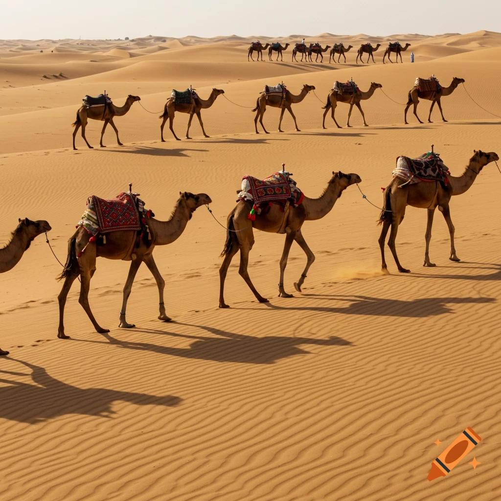 A long line of camels with ornate saddles treks across a sandy desert under a bright sky, leaving tracks in the rippled sand.