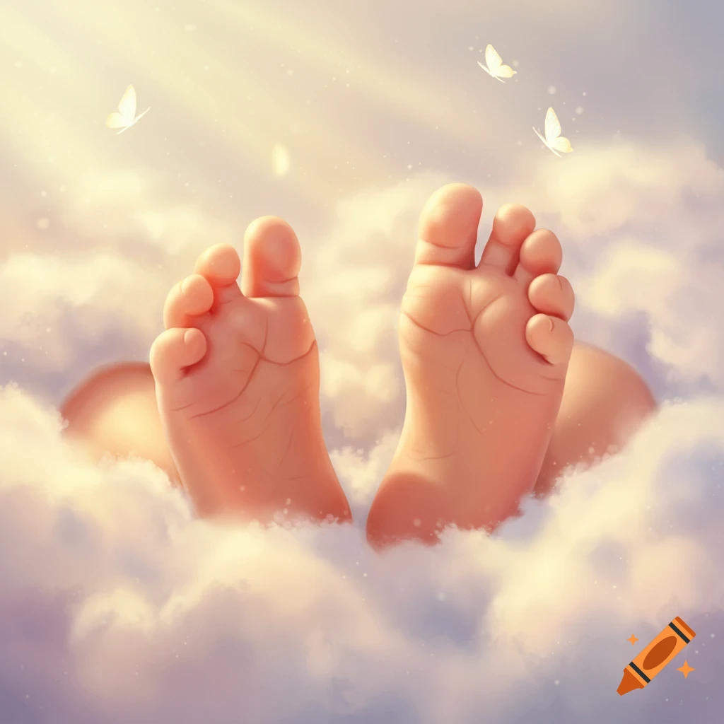 Close-up of baby feet emerging from soft white and gold clouds, with delicate white butterflies fluttering, in a dreamy style.