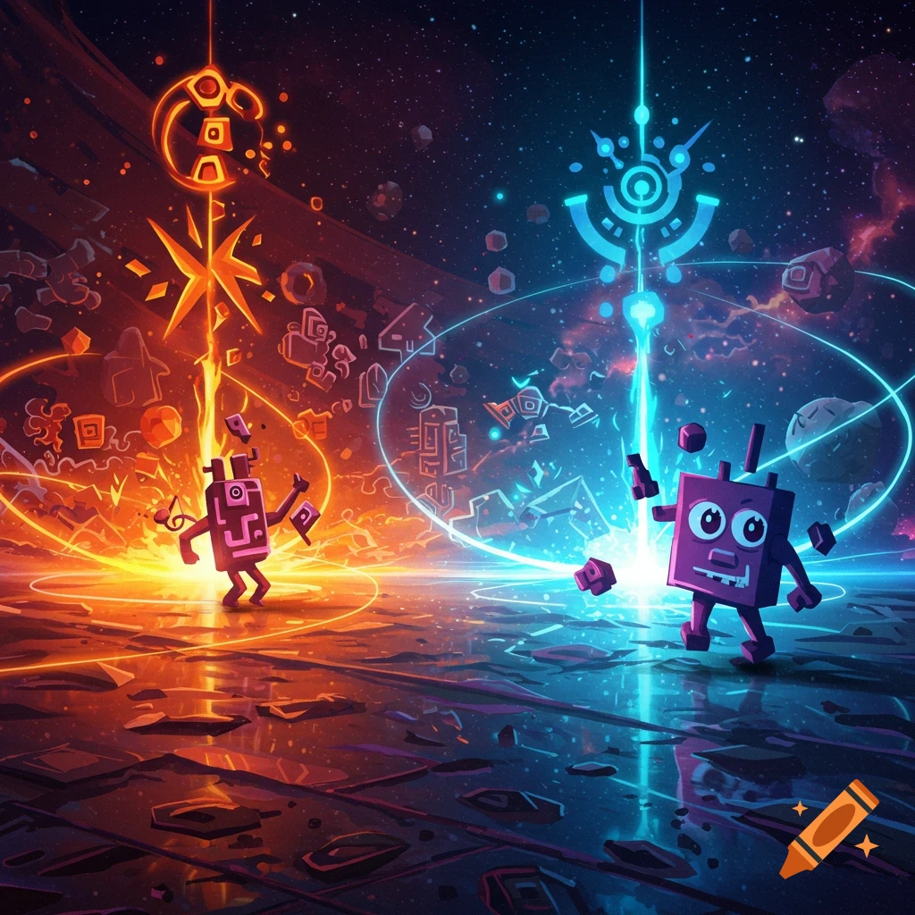 Two glowing cartoon robots, one red and one blue, face each other with energy beams connecting to cosmic symbols in a vibrant space environment.