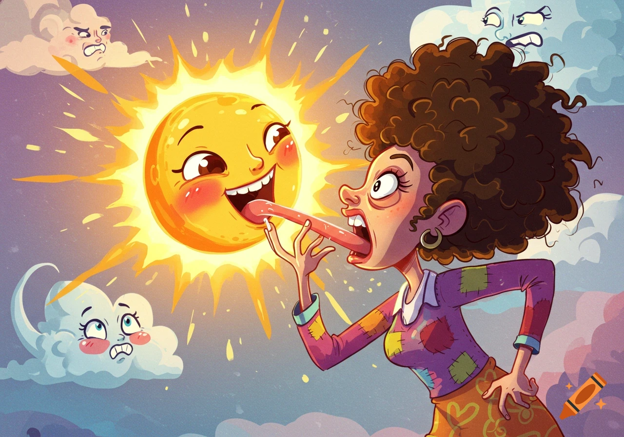 Cartoon woman with a long tongue licking a smiling sun, as expressive clouds react in the sky.