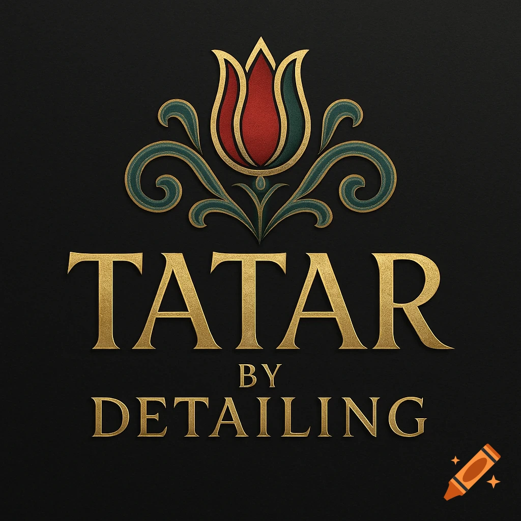 Gold, red, and teal floral tulip logo with 'TATAR BY DETAILING' text on a dark textured background.