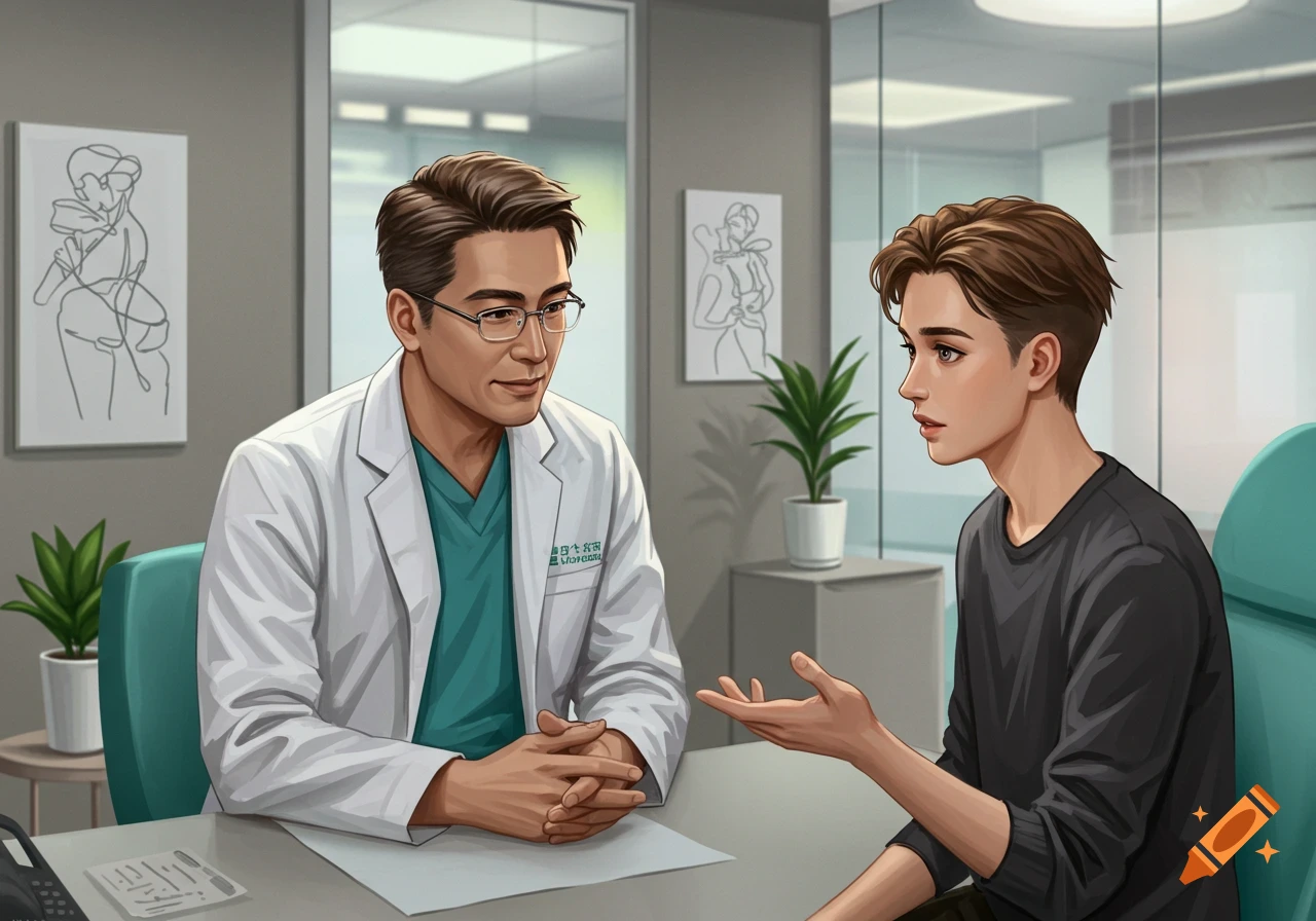 An illustrated image of a male doctor in a white lab coat talking to a young male patient across a desk in a consultation room.