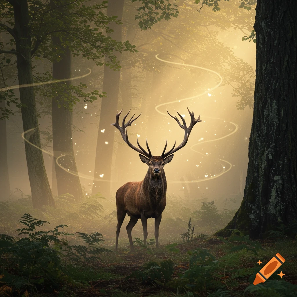 A majestic stag with large antlers stands in a misty, sunlit forest with ethereal glowing lines and light particles.