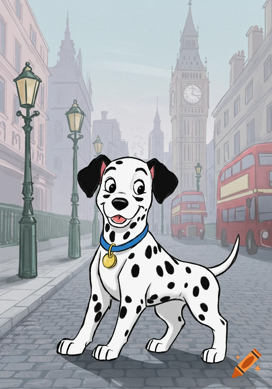 A cute cartoon Dalmatian puppy stands on a cobblestone street with London's Big Ben and red double-decker buses in the background.