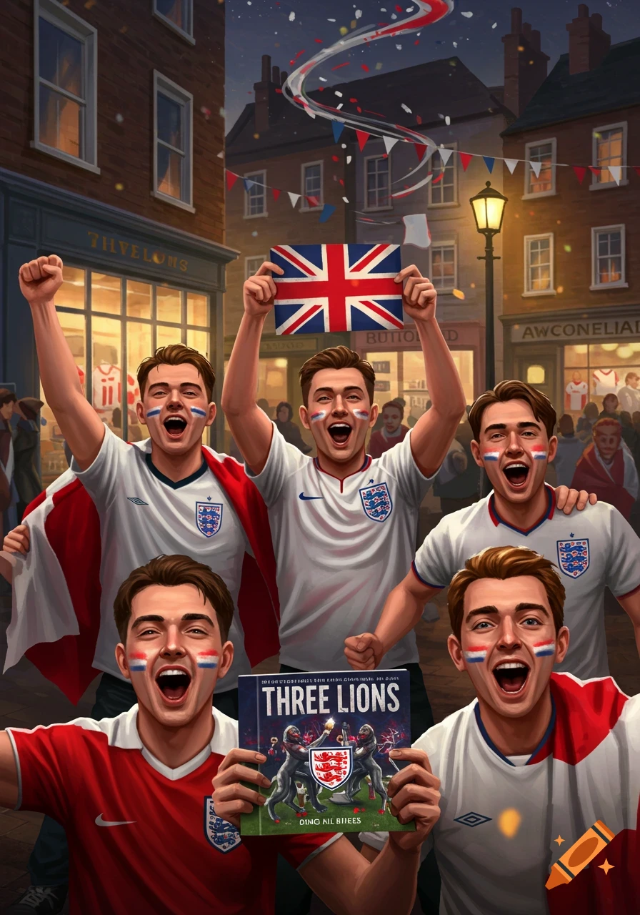 Stylized illustration of enthusiastic England football fans cheering in a street, holding a Union Jack flag and a 'Three Lions' CD.