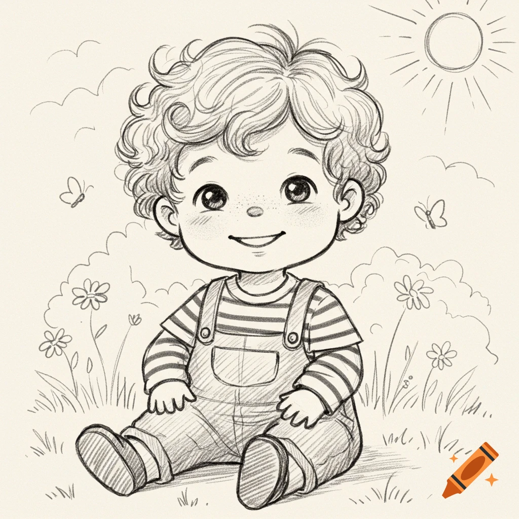A cheerful sketch of a curly-haired boy in overalls sitting in a grassy field with flowers and butterflies.
